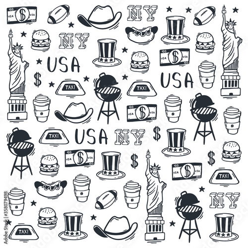 USA Hand draw doodle background. United States Of America popular symbols and elements. Vector illustration.
