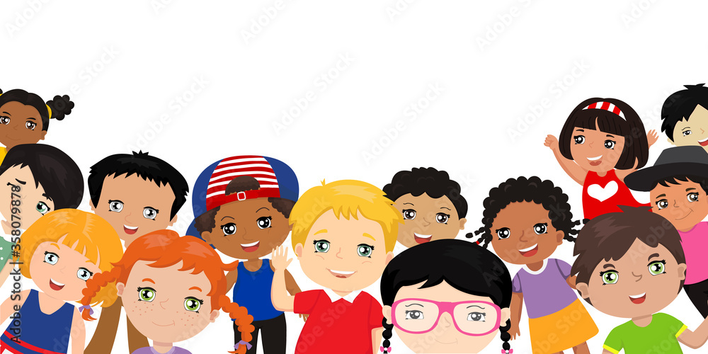 Group of multicultural happy kids cartoon. Place for text. Friendship concept Group of multicultural happy kids cartoon. Place for text. Friendship concept