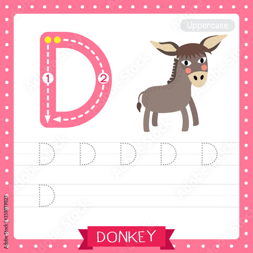 Letter D uppercase tracing practice worksheet. Donkey