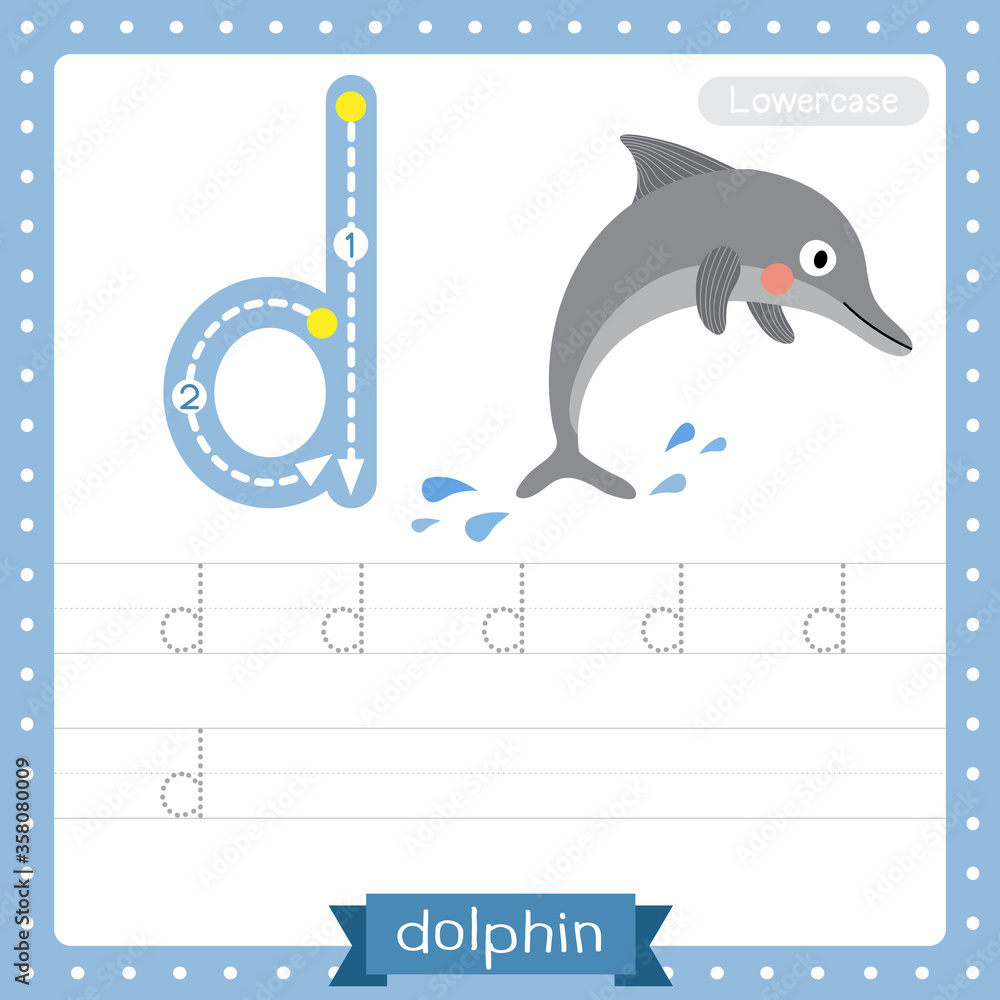 Letter D lowercase tracing practice worksheet. Dolphin