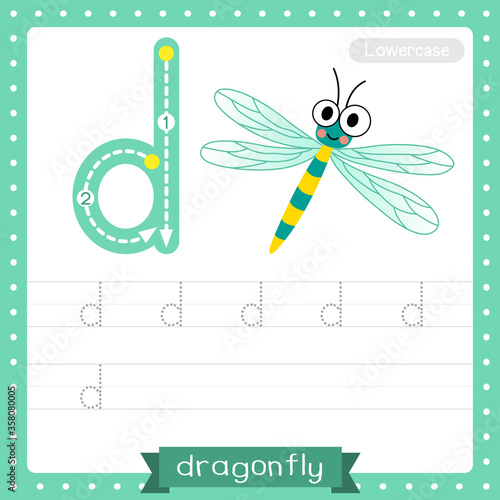 Letter D lowercase tracing practice worksheet. Dragonfly insect