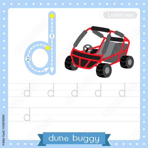 Letter D lowercase tracing practice worksheet. Dune Buggy