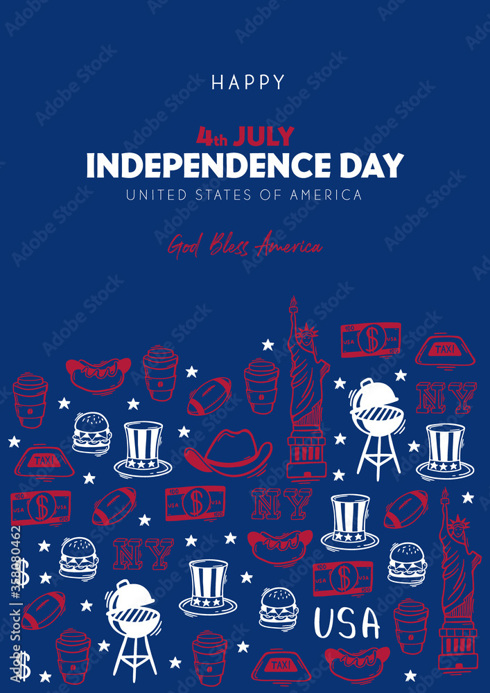Obraz premium 4th July Banner. Independence day of USA. Hand draw doodle background.