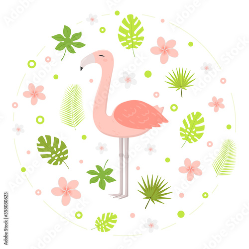 Pink Flamingo Floral background. Perfect for banner, flyer, card and more. Isolated. Vector.