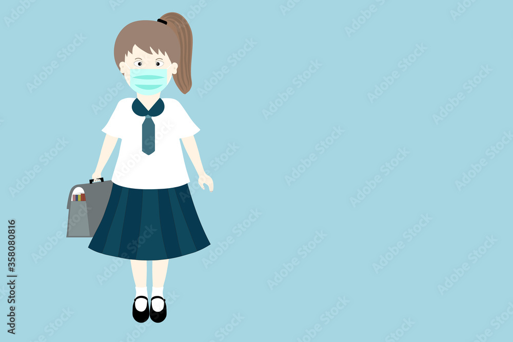 Girl student with bag to go to school wearing surgical mask for prevent covid-19 virus infection.
Girl student with bag to go to school wearing surgical mask for prevent covid-19 virus infection.