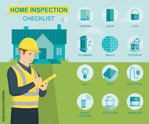 Home inspection checklist and tips. House examination icons set. Vector illustration.