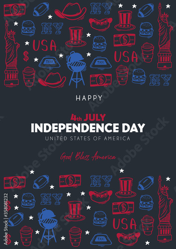 4th July Banner. Independence day of USA. Hand draw doodle background.