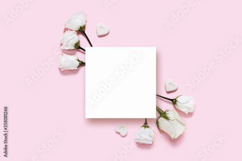 Greeting horizontal picture. Holiday card. Pink background with sheet of white paper and roses. © Aleksandra Abramova