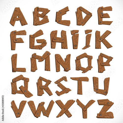 Alphabet made of wooden letters isolated on white background