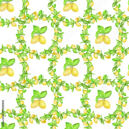 Watercolor seamless pattern with lemon wreath on white background