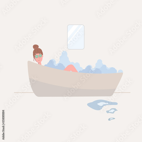 The girl is lying with a mask on her face in a bath with foam. Home Spa. Meditation in the bathroom. Self-care.