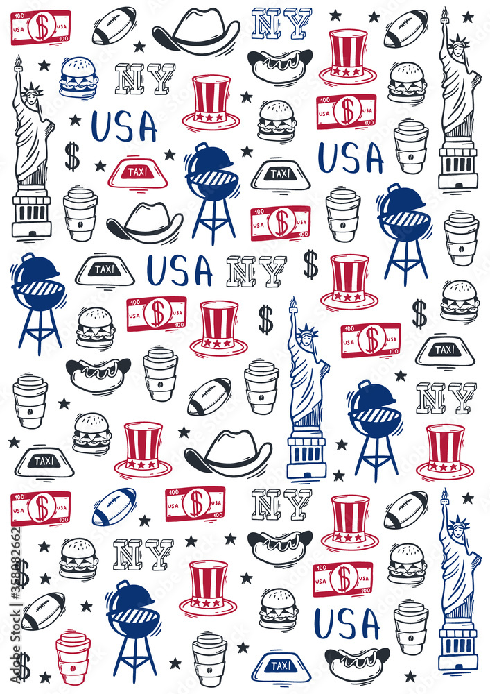Fototapeta premium USA Hand draw doodle background. United States Of America popular symbols and elements. Vector illustration.