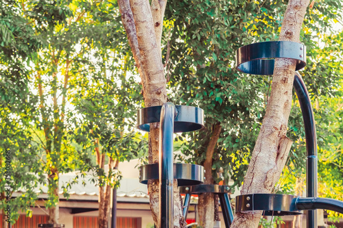 Black steel column supports and controls the branches and trunks of the tree to stand upright and beautiful in the park.