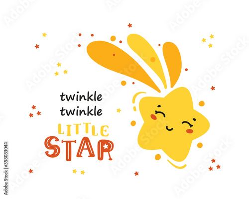 Yellow Shooting Cute Star. Doodle Kawaii Falling Stars. "Twinkle Twinkle Little Star" Greeting Card for Kids. T-shirt Print, Poster for Nursery, Baby Shower, Holiday or Birthday Party Design