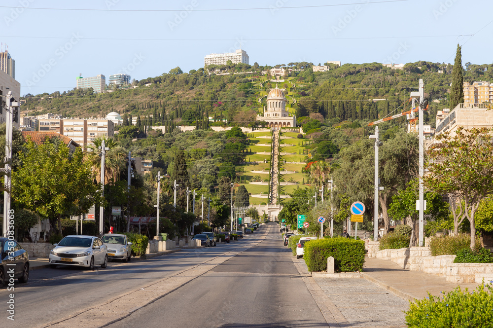 View from Sderot Ben Gurion Avenue to the Bahai Garden in Haifa, Israel