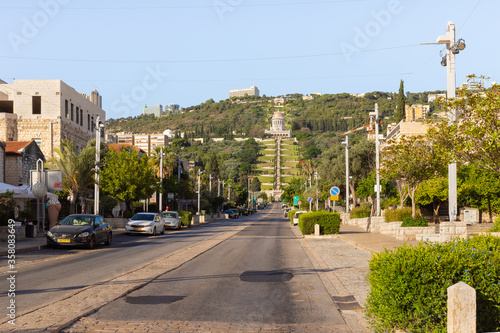 View from Sderot Ben Gurion Avenue to the Bahai Garden in Haifa, Israel