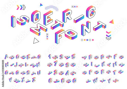 Isometric font. Creative colored geometric alphabet. 3d gradient letters numbers sign vector set.