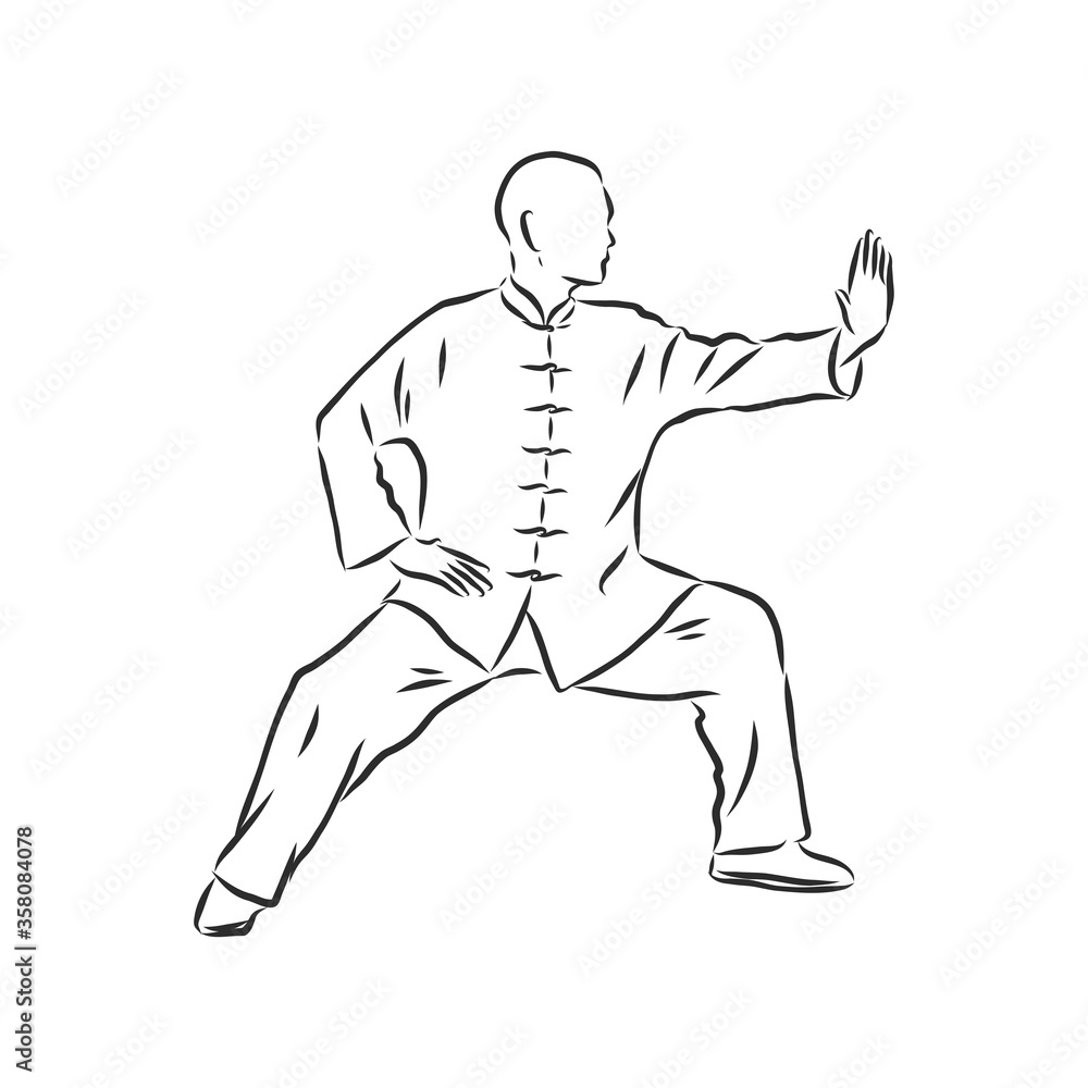 Fototapeta premium Kung fu Chinese. vector sketches in a simple contours. kung fu fighter, vector sketch illustration