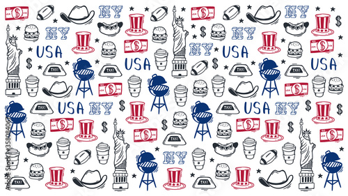 USA Hand draw doodle background. United States Of America popular symbols and elements. Vector illustration.