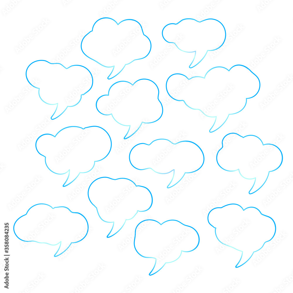 Set of blue speech bubbles. Cartoon Vector illustration. Isolated on transparent white background. Hand draw style, dialog clouds. Set of blue speech bubbles. Cartoon Vector illustration. Isolated on transparent white background. Hand draw style, dialog clouds.