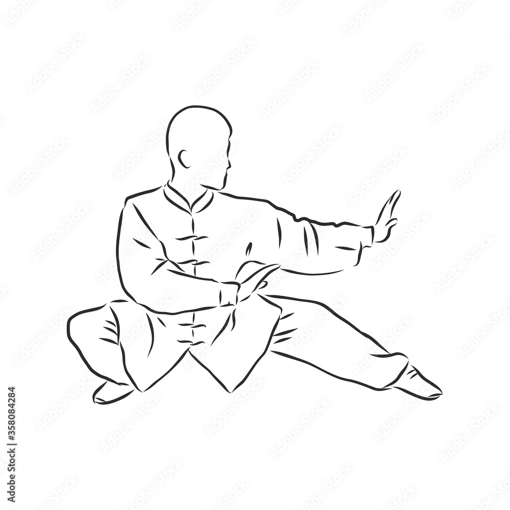Kung fu Chinese. vector sketches in a simple contours. kung fu fighter, vector sketch illustration