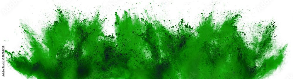 bright green holi paint color powder festival explosion isolated white background. industrial print concept background - obrazy, fototapety, plakaty 