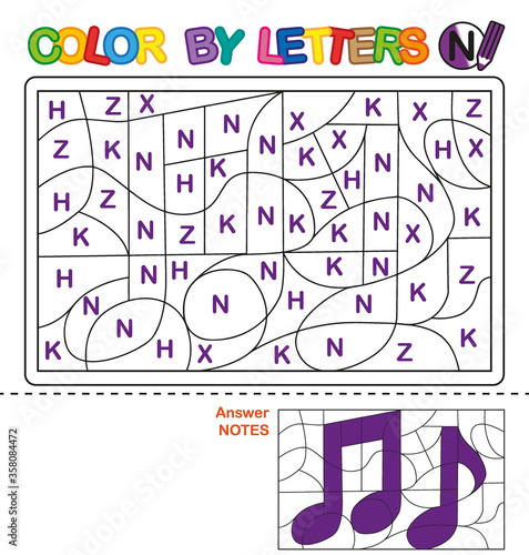 ABC Coloring Book for children. Color by letters. Learning the capital letters of the alphabet. Puzzle for children. Letter N. Notes