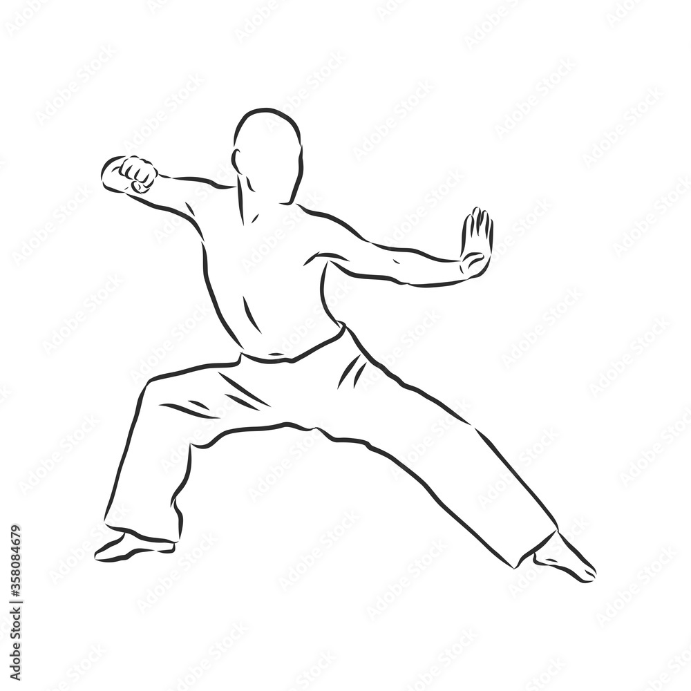 Kung fu Chinese. vector sketches in a simple contours. kung fu fighter, vector sketch illustration