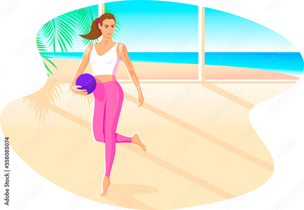 sports girl is engaged in fitness with a ball in the gym on the background of tropical beach