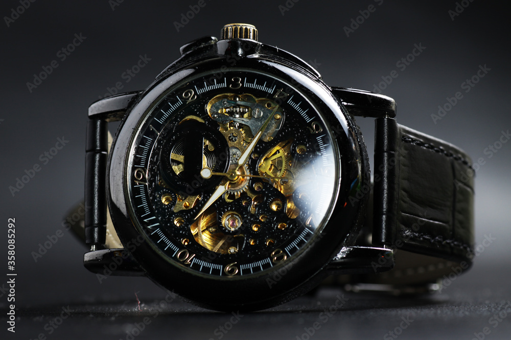 custom made wallpaper toronto digitalBlack automatic self winding wristwatch with transparent sekeleton dial design on black leather background