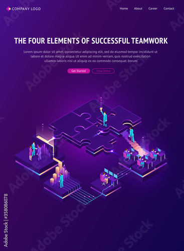 Four elements of successful teamwork banner. Vector infographic of business organization, team work success with isometric people, graph and puzzle icons