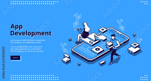 Mobile app development isometric landing page. User experience, ui ux phone interface design creation. Tiny people at huge smartphone work on gadget software application, 3d vector line art web banner