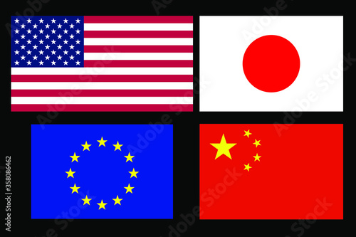 Flag of the European Union, USA, China, Japan. American, European, Chinese, Japanese flags, vector stock illustration set.