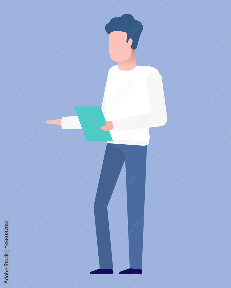 Man investor with sheet of paper isolated cartoon person. Vector male read documents or make a report on investment, investor or businessman, young worker Man investor with sheet of paper isolated cartoon person. Vector male read documents or make a report on investment, investor or businessman, young worker