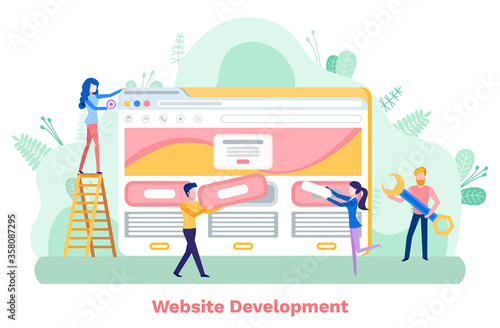 People developers working on website development vector, man and woman looking at construction. Interface of web, programmers with tools instruments