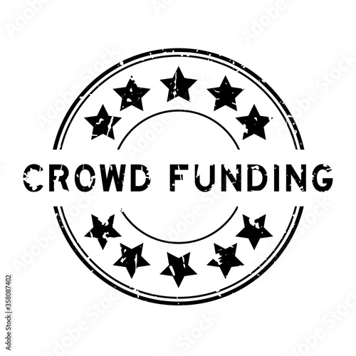 Grunge black crowd funding word with star icon round rubber seal stamp on white background