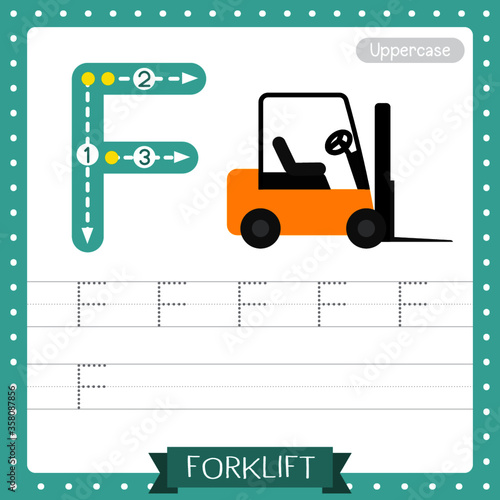 Letter F uppercase tracing practice worksheet. Forklift © natchapohn