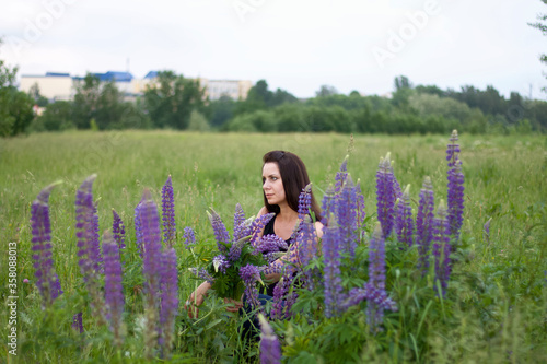 Girl sitting in a meadow. Among the blooming lupine. Holding a bouquet in his hands.