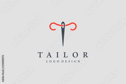 Initial Letter T Logo. Black Needle with Red Thread Combination. Usable for Tailor Logo. Flat Vector Logo Design Template Element.