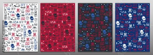 Set of USA Hand draw doodle backgrounds. United States Of America popular symbols and elements. Vector illustration.