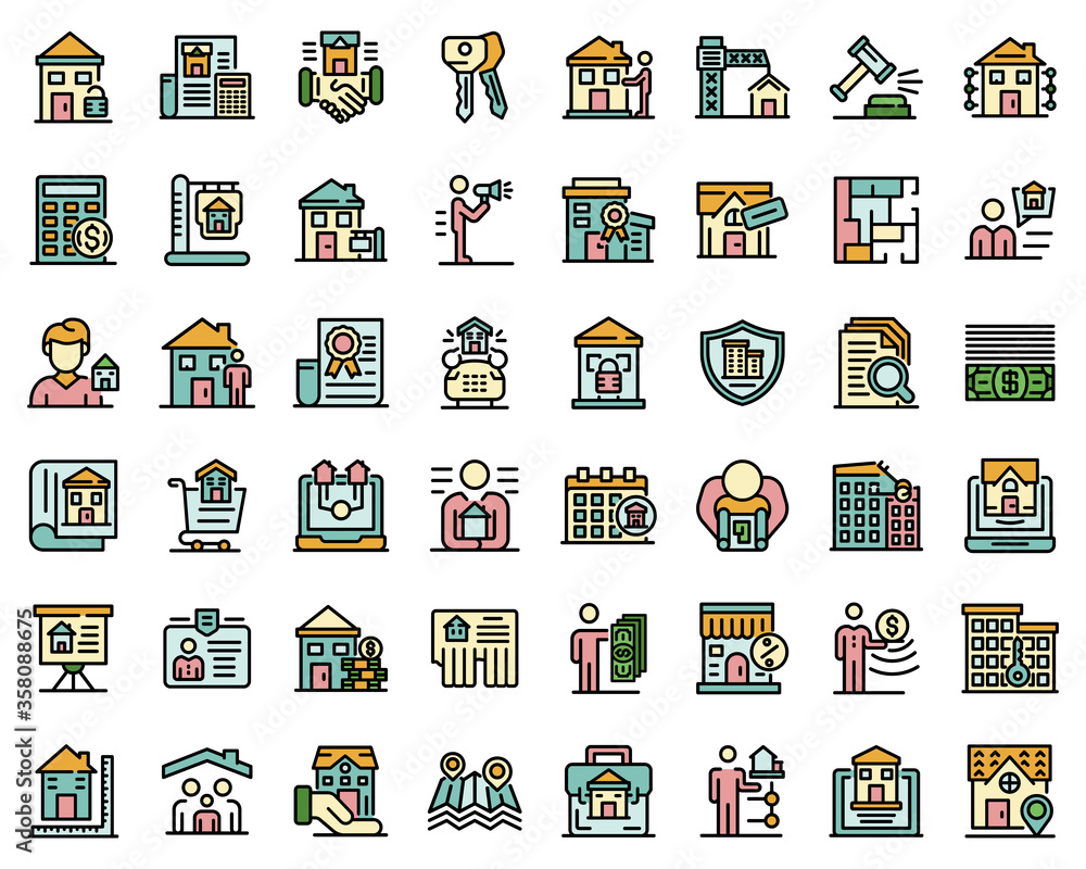 Realtor icons set. Outline set of realtor vector icons thin line color flat isolated on white Realtor icons set. Outline set of realtor vector icons thin line color flat isolated on white