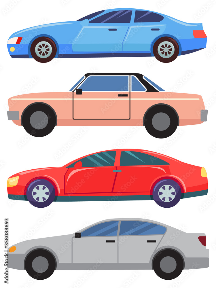 Four cars isolated on white background. Blue and grey sedans. Red small hatchback. Little vehicle pink and old cabriolet. Auto to drive and get your destination quickly. Vector illustration flat style Four cars isolated on white background. Blue and grey sedans. Red small hatchback. Little vehicle pink and old cabriolet. Auto to drive and get your destination quickly. Vector illustration flat style