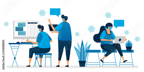 Vector illustration of back to office during the covid-19 pandemic by wearing a mask. Working protocol in new normal. Design can be used for landing page, website, mobile app, poster, flyers, banner