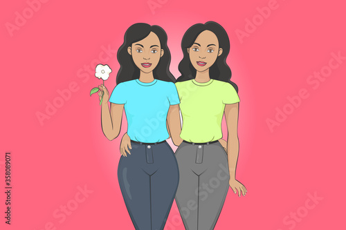 Latin American female-female twins. Vector illustration.