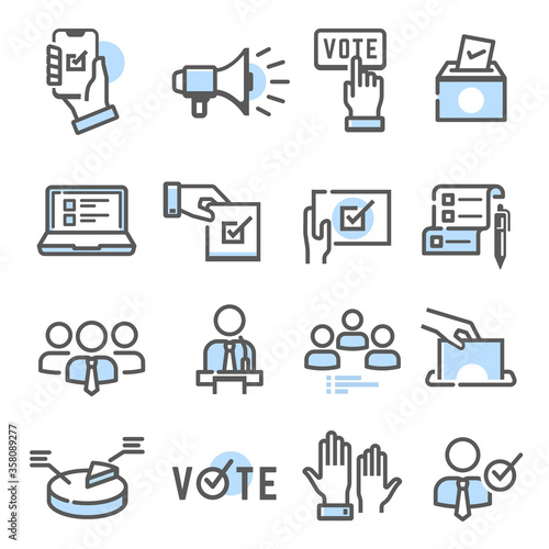 Voting and election set of thin line icons isolated on white. Politician, electorate outline blue pictograms.