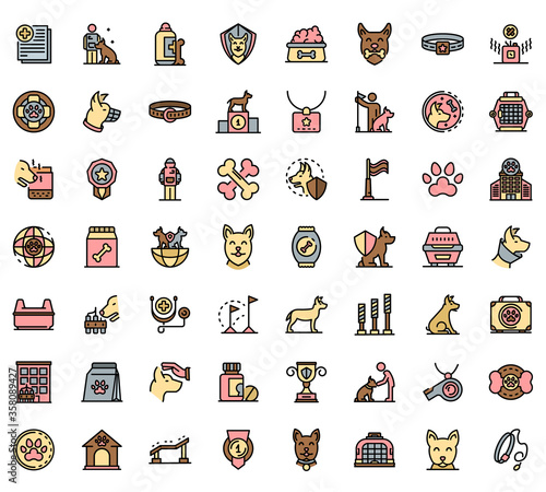 Dog handler icons set. Outline set of dog handler vector icons thin line color flat isolated on white