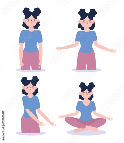 young girls different gesture cartoon character design isolated