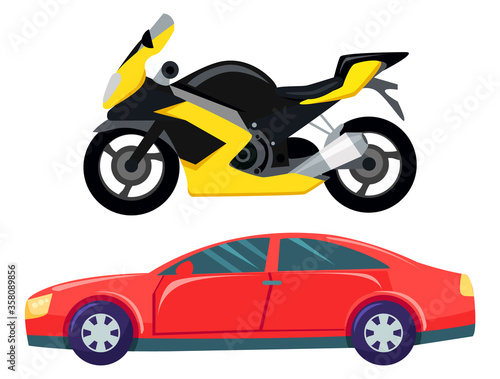 Sport car vector isolated transportation. Vehicle transport of cool modern type and shape. Motorbike and bike with seat, lorry. Buy new car and moto bike. Flat cartoon