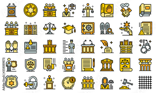 Prosecutor icons set. Outline set of prosecutor vector icons thin line color flat isolated on white