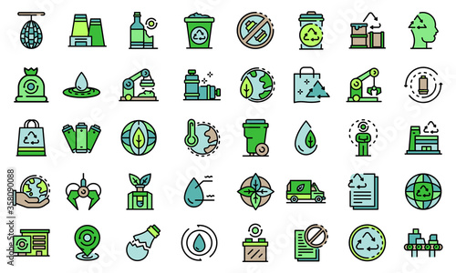 Recycle factory icons set. Outline set of recycle factory vector icons thin line color flat isolated on white